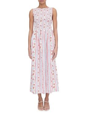 Caroline Constas Pomegranate Stripe Print Smocked dress NWT